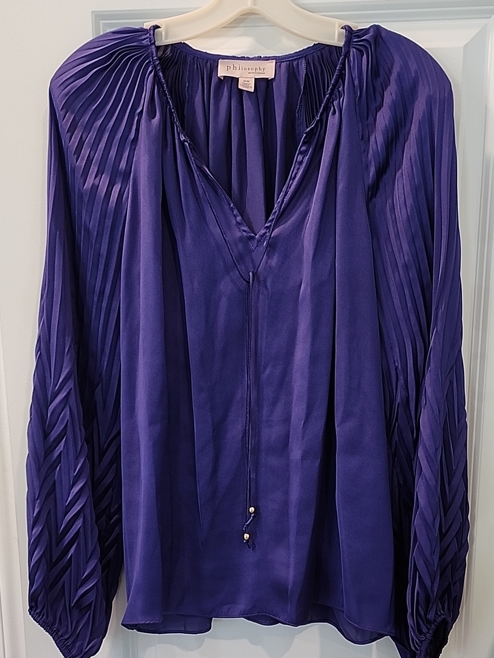 Philosophy Deep Purple Pleated Long-Sleeve V-Neck Blouse Medium Nwot